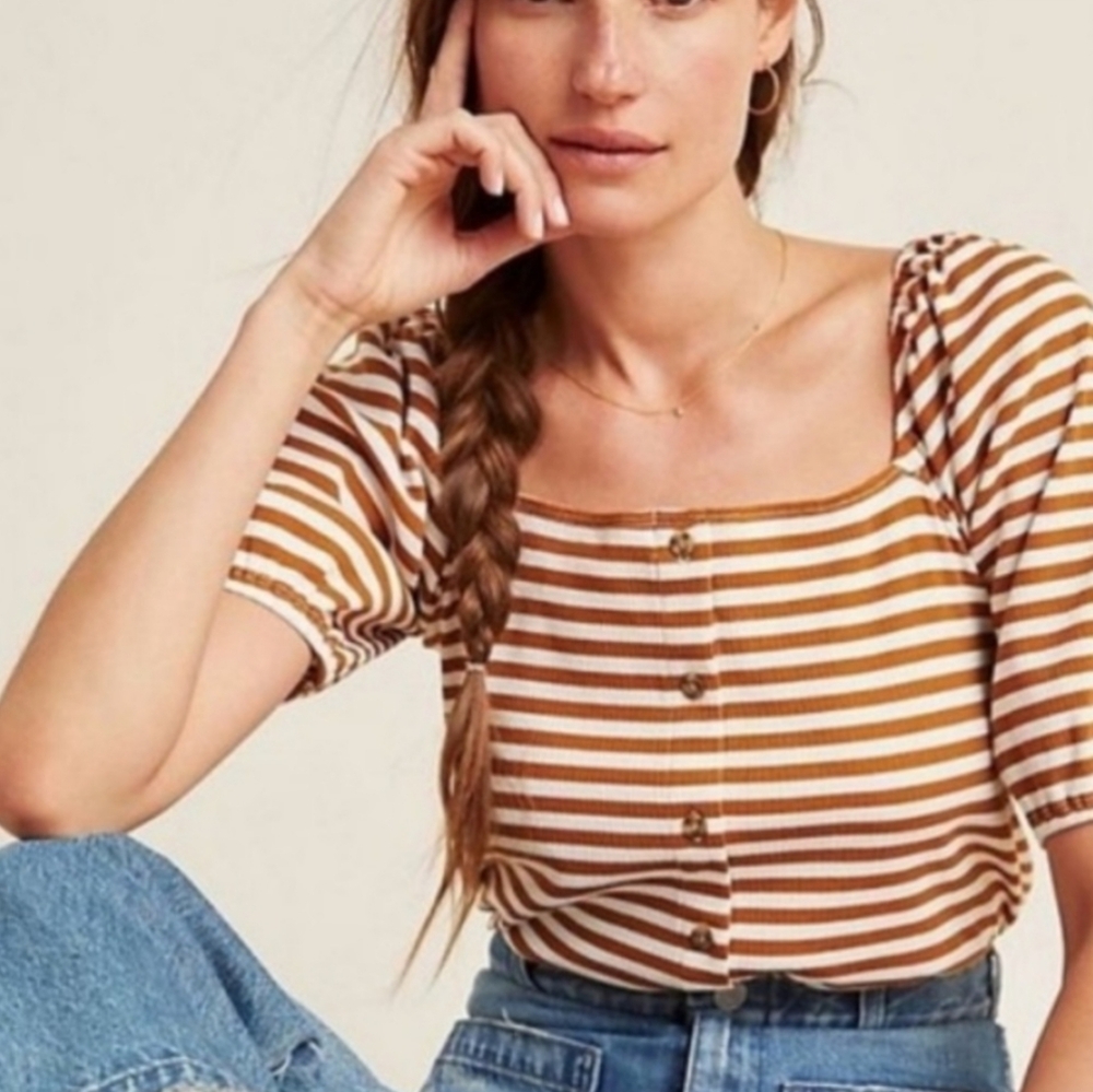 NWT Anthropologie Porridge brown and white striped puffy sleeve square neckline
